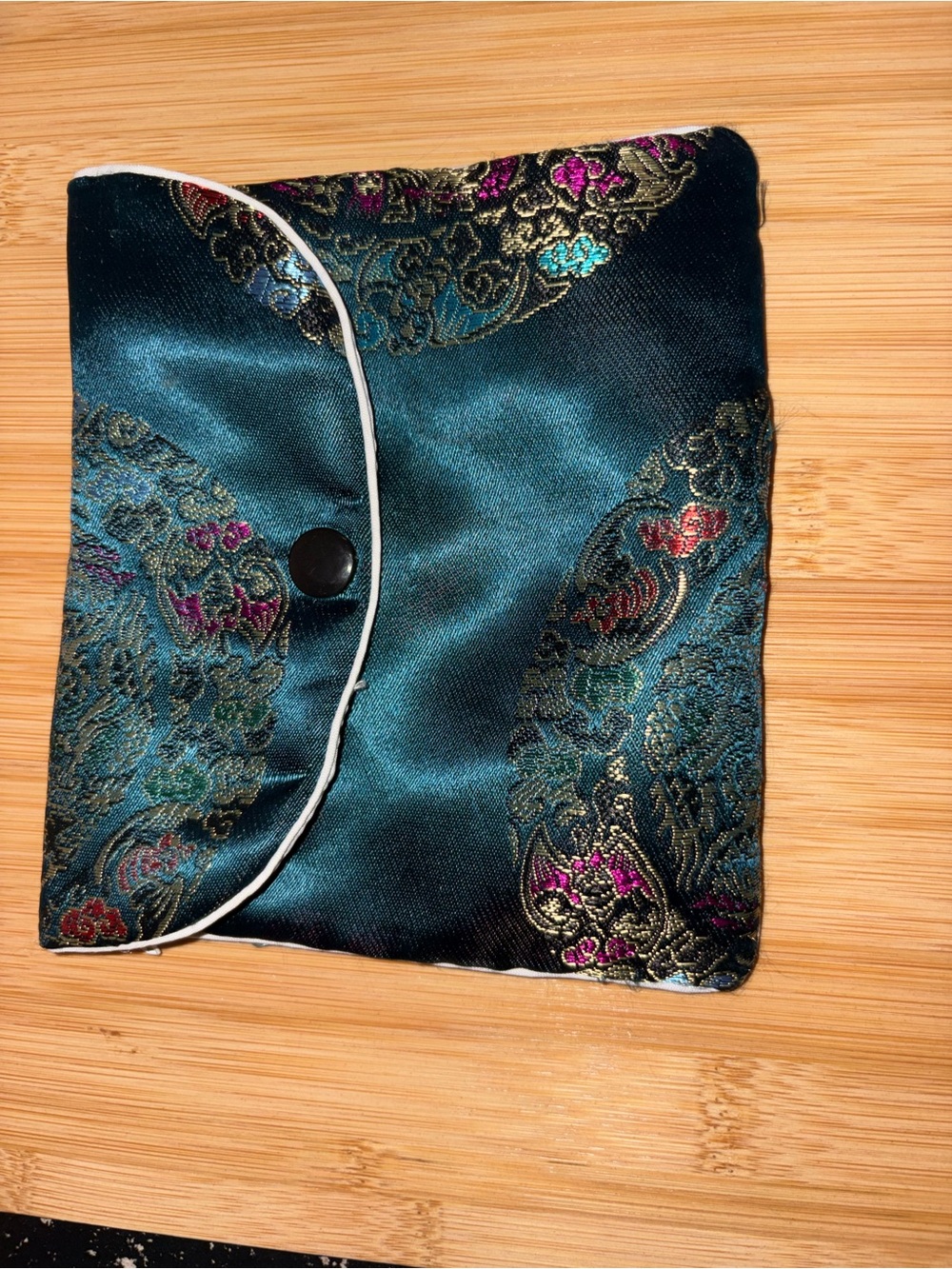Teal Brocade Satin Snap Pouch with Metallic Floral Accents